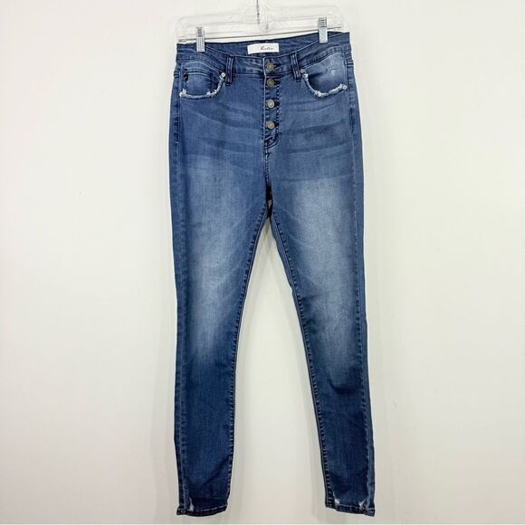 KanCan Estilo Blue Medium Wash Factory Frayed High Waist Button Skinny Jeans - Picture 1 of 16